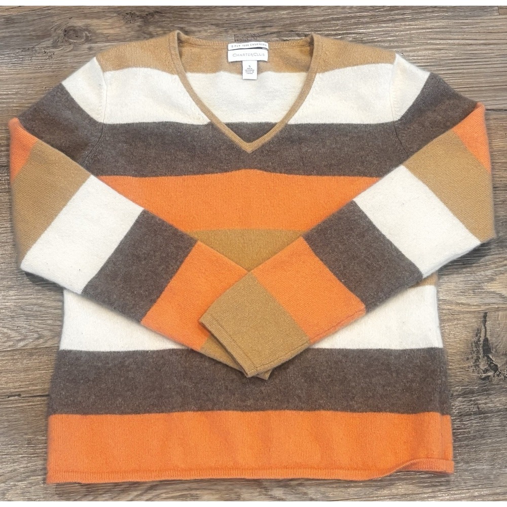 Vintage Charter Club 2 Ply 100% Cashmere Striped V Neck Sweater Mom Women Small - Picture 6 of 11